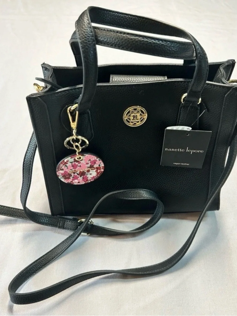 Nanette Lepore Black Vegan Leather Pebbled Satchel Bag with Floral Mirror Charm